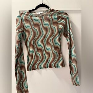 Miaou Brown and Teal Mesh Wave Long Sleeve Top